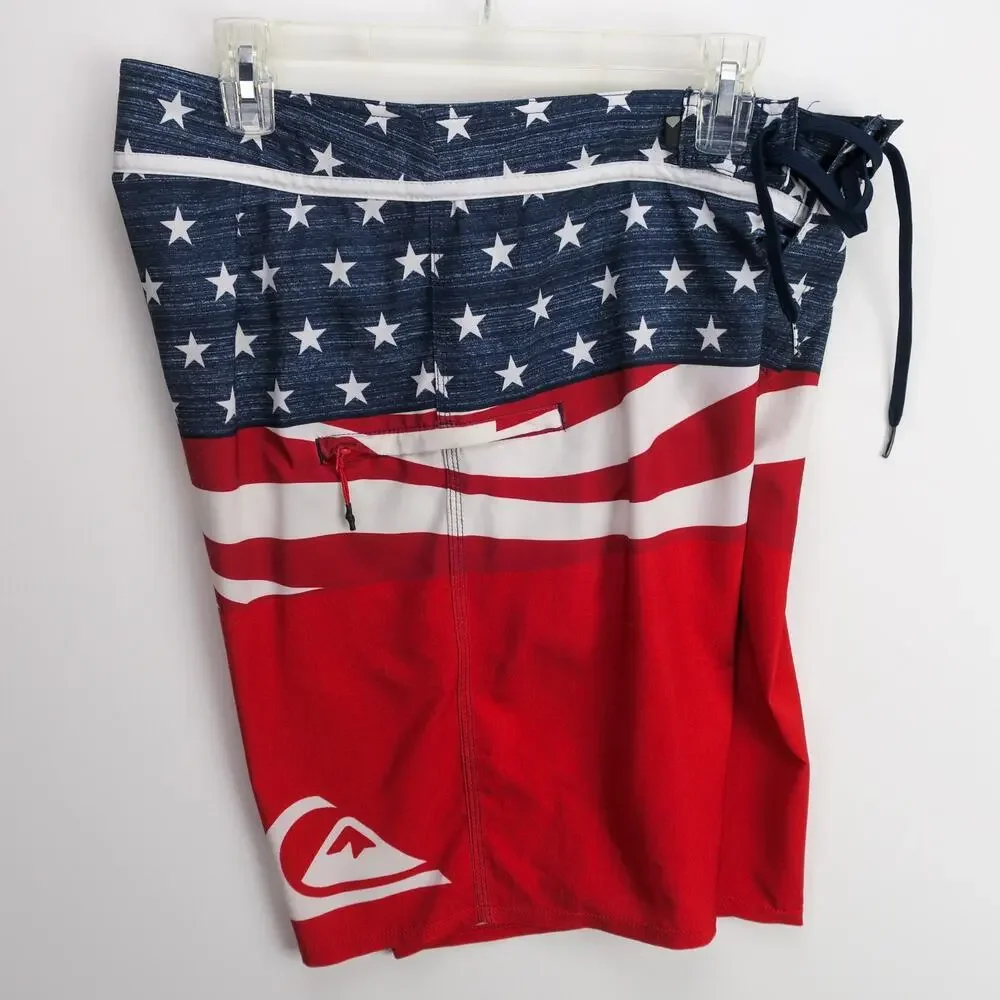 Quiksilver Board Shorts Mens 32 American Flag Swim Trunks Red White Blue